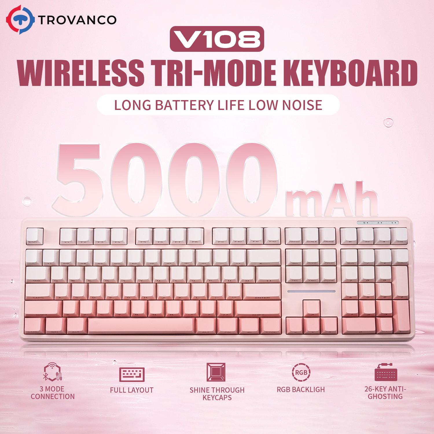 Gaming Keyboard No Noise - TROVANCO V108 Bluetooth Keyboard Wired&Wirel 2.4G